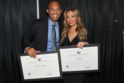 NEW YORK, NY - OCTOBER 18: Former Yankee player Mariano Rivera (L) and singer Thalia attend the Naturalization Ceremony during Festival PEOPLE En Espanol 2015 presented by Verizon at Jacob Javitz Center on October 18, 2015 in New York City. (Photo by Bennett Raglin/Getty Images for PEOPLE En Espanol)