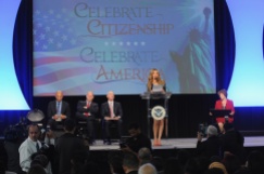 NEW YORK, NY - OCTOBER 18: (L-R) Former Yankee Mariano Rivera, Director of the U.S. Citizenship and Immigration Services Leon Rodriguez, Deputy Secretary of Homeland Security Alejandro Mayorkas, and singer Thalia speak onstage during the Naturalization Ceremony at Festival PEOPLE En Espanol 2015 presented by Verizon at Jacob Javitz Center on October 18, 2015 in New York City. (Photo by Brad Barket/Getty Images for PEOPLE En Espanol)