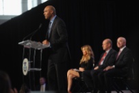 NEW YORK, NY - OCTOBER 18: (L-R) Former Yankee Mariano Rivera, singer Thalia, Director of the U.S. Citizenship and Immigration Services Leon Rodriguez, and Deputy Secretary of Homeland Security Alejandro Mayorkas speak onstage during the Naturalization Ceremony at Festival PEOPLE En Espanol 2015 presented by Verizon at Jacob Javitz Center on October 18, 2015 in New York City. (Photo by Brad Barket/Getty Images for PEOPLE En Espanol)